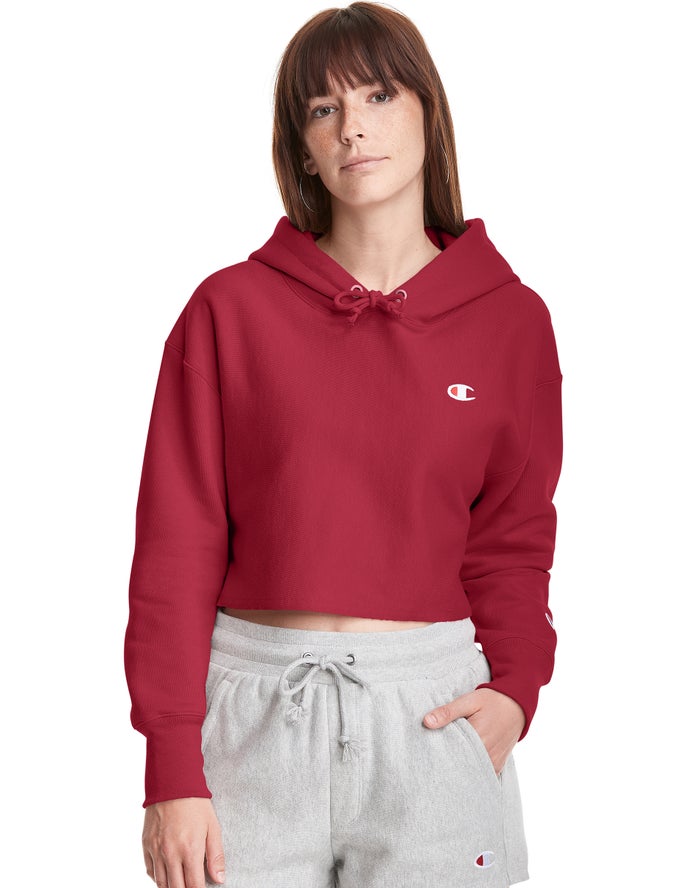 Champion Womens Hoodie NZ - Reverse Weave Cropped Cut-Off C Logo Dark Red ( 8450-DJLOQ )